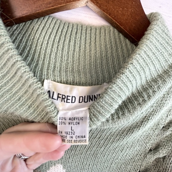 Vintage Sweater L Green Mockneck Long Twee Flowers Bows Fuzzy Embroidered Granny - Picture 3 of 8